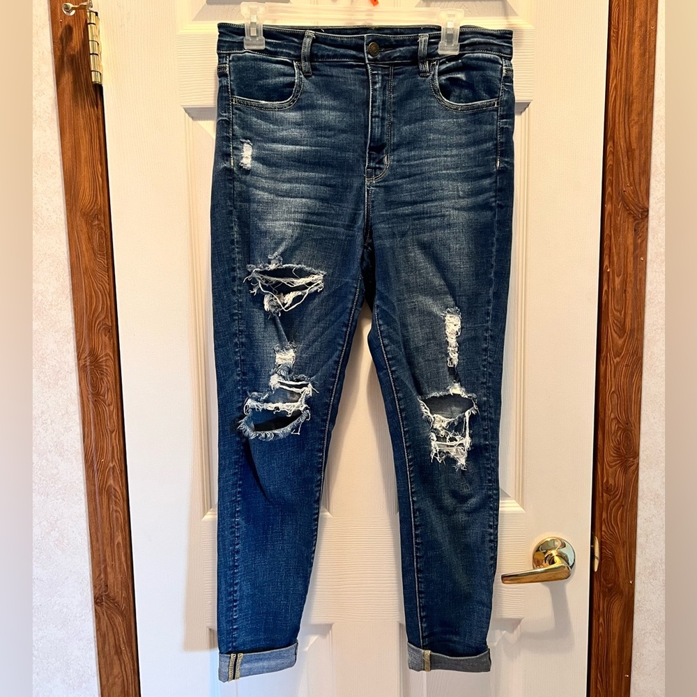 American Eagle Super Hi-Rise Jegging Distressed Dark Blue Jeans